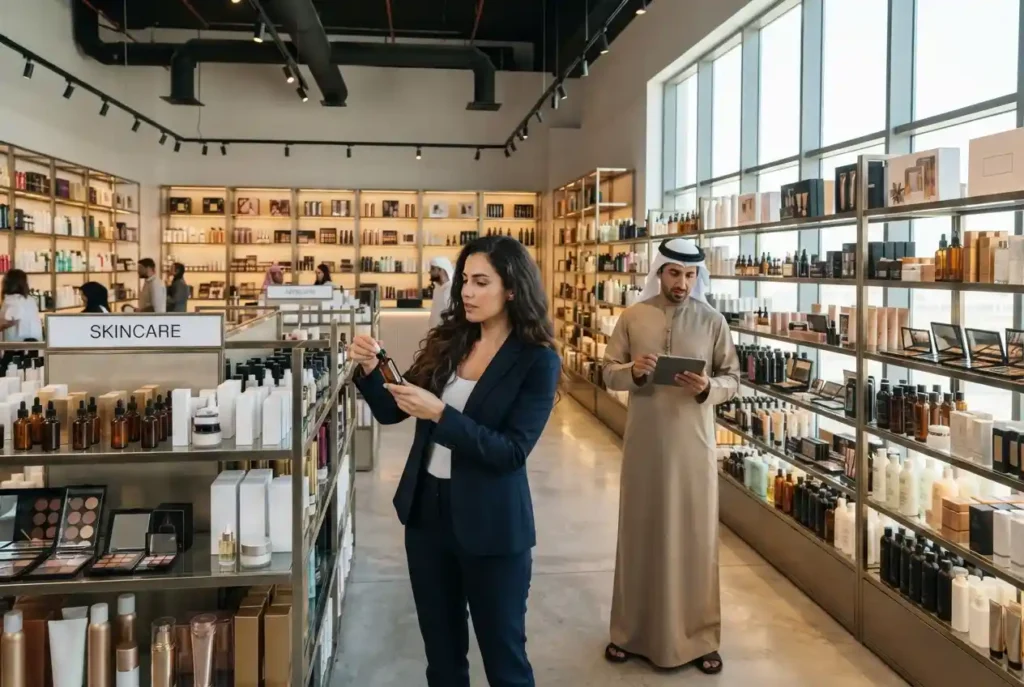Wholesale beauty products displayed in a Dubai supplier showroom
