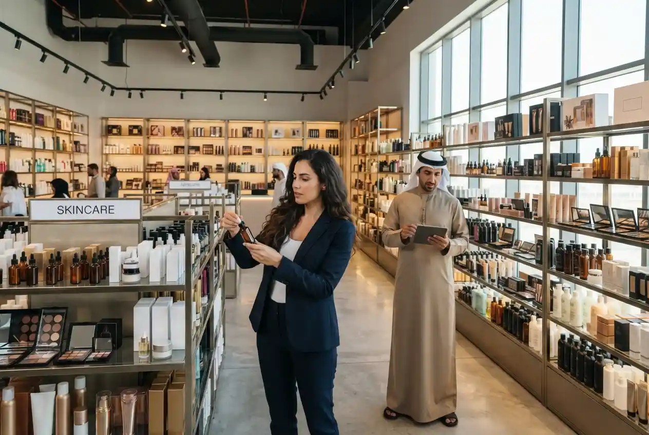 Wholesale beauty products displayed in a Dubai supplier showroom
