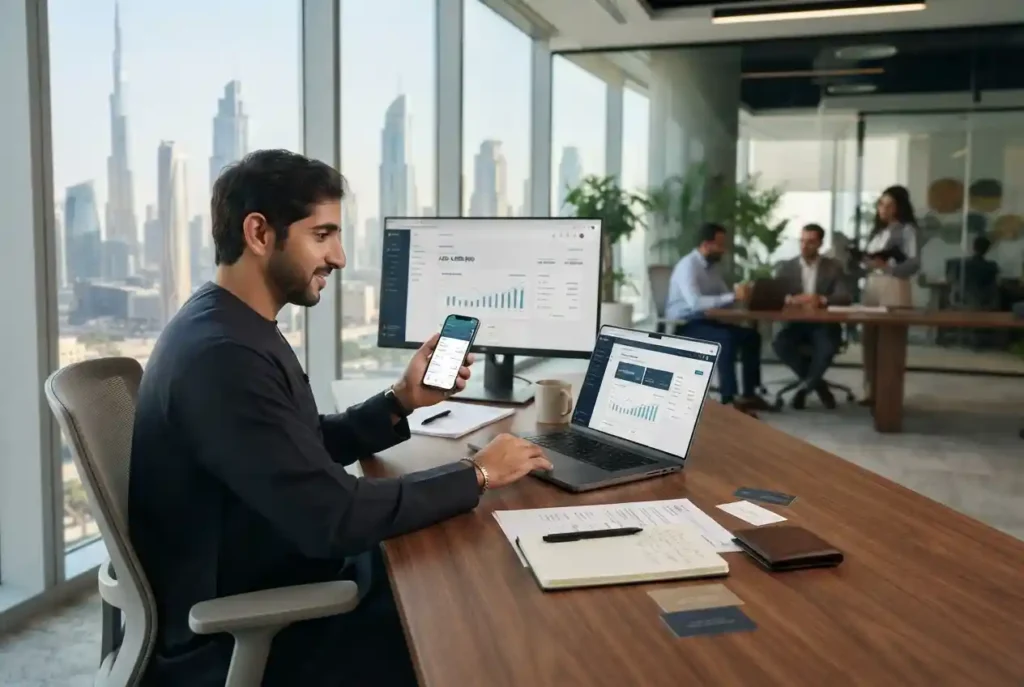 UAE entrepreneur managing a Wio business account digitally