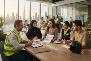 UAE workers discussing employee protection insurance with an HR professional