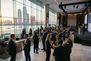 Finance professionals attending a major financial event in Abu Dhabi