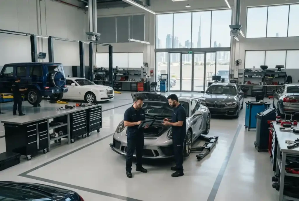 Professional auto shop in Dubai with technicians servicing vehicles