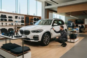 Car accessories displayed around a modern vehicle in a UAE showroom