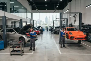 Professional technicians servicing cars in a modern UAE garage
