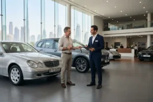 Customer discussing a car trade-in with a dealership consultant in Dubai