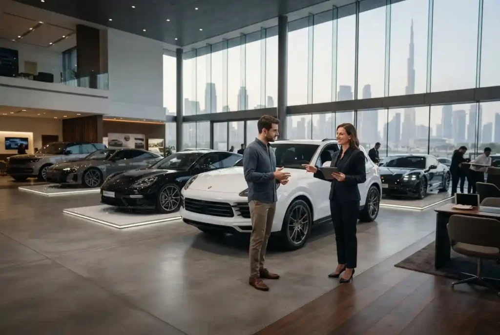 Car buyer comparing vehicles with a consultant in a Dubai showroom