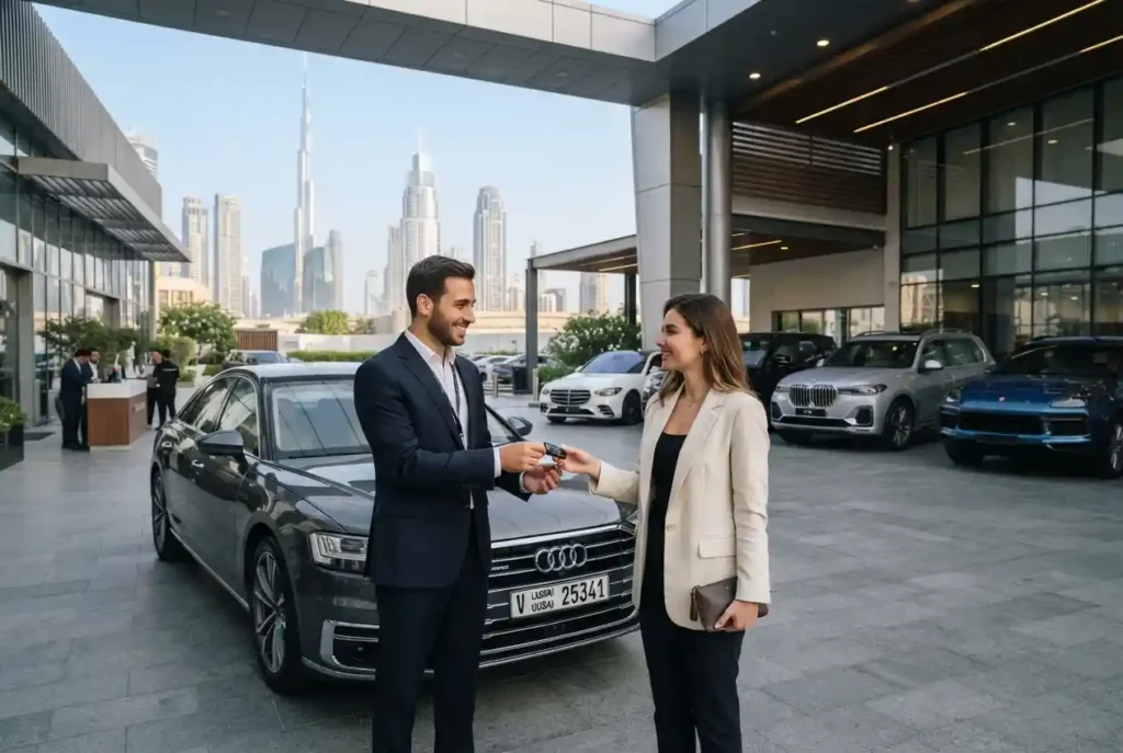 Customer receiving car rental keys at a professional Dubai showroom
