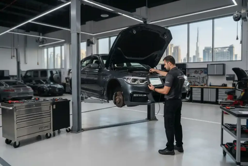 Technician diagnosing a vehicle at a professional car repair workshop in Dubai