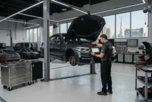 Technician diagnosing a vehicle at a professional car repair workshop in Dubai