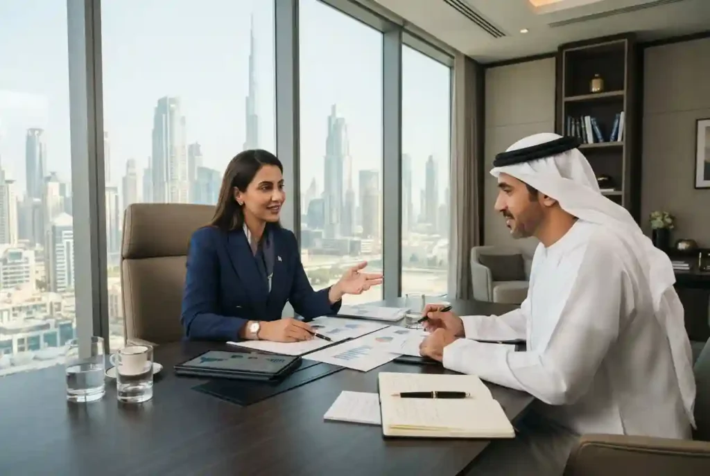 Finance broker discussing financing options with a client in the UAE