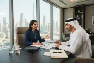 Finance broker discussing financing options with a client in the UAE