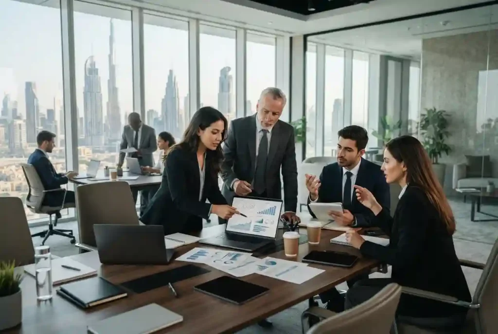 Finance professionals working in a modern UAE corporate office