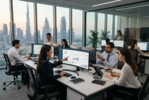Finance team using modern IT systems in a UAE corporate office