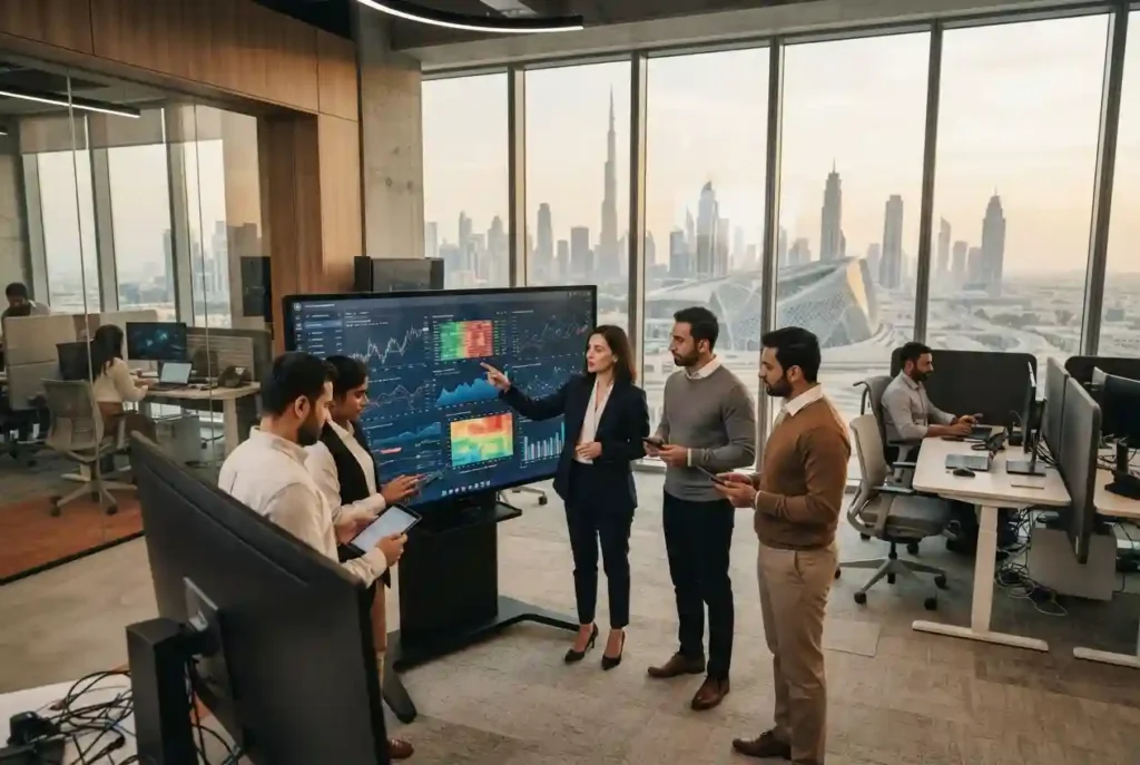 Financial technology research team working in a modern UAE finance lab