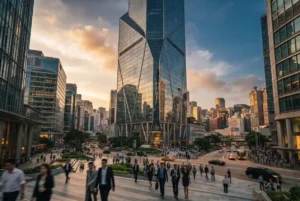 Modern finance tower in an international financial district