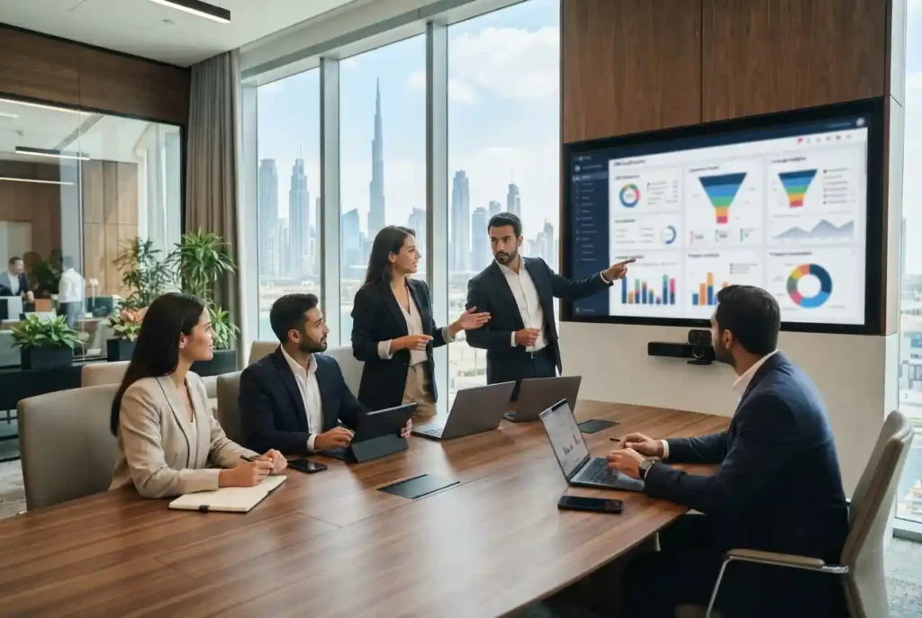 Lead generation professionals analysing qualified business prospects in the UAE