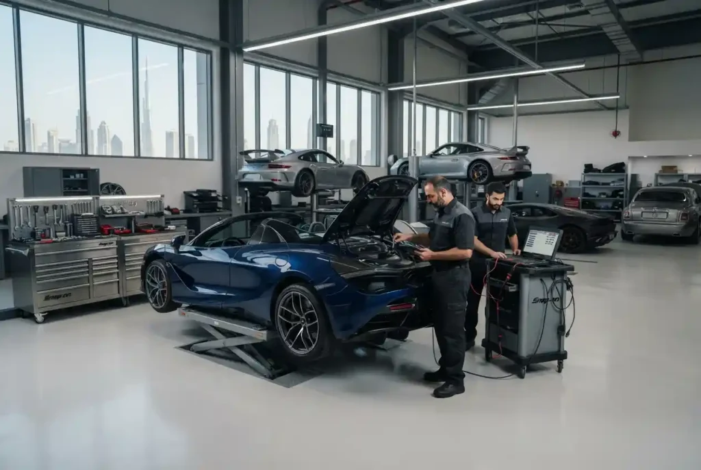 Luxury sports car being serviced at a specialist garage in Dubai