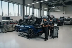 Luxury sports car being serviced at a specialist garage in Dubai