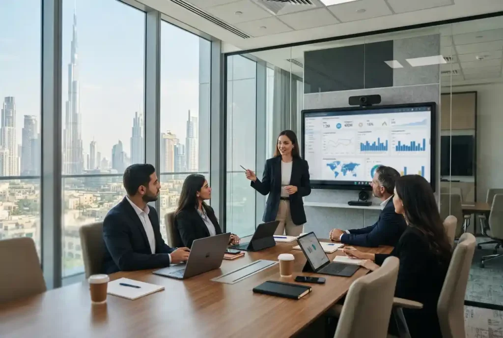 Professional team managing online advertising services for a UAE business