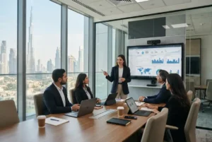 Professional team managing online advertising services for a UAE business