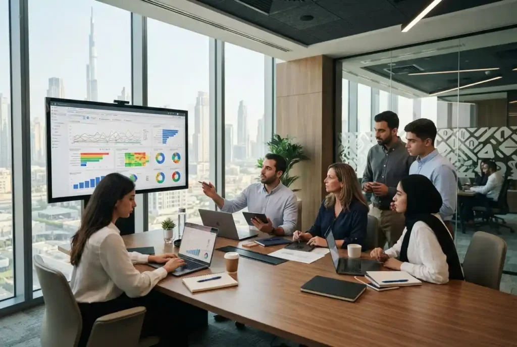 PPC digital marketing team analysing paid advertising campaigns in the UAE