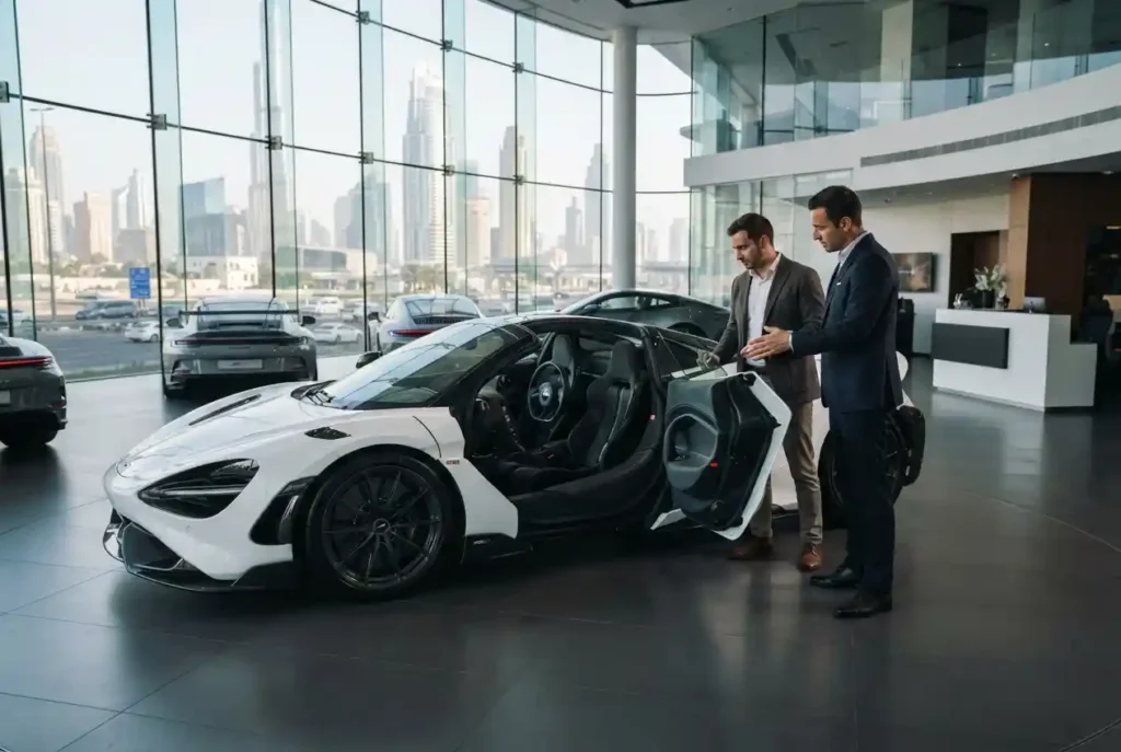 Right-hand-drive car displayed in a Dubai automotive showroom