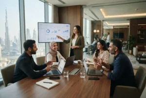 Social media marketing team developing a digital campaign in the UAE