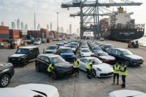 Cars prepared for international export at a Dubai port in the UAE